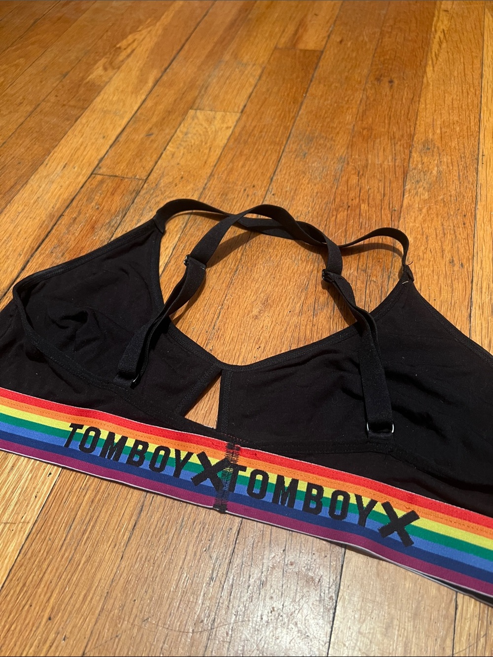 TomboyX Cross Strap Bralette in Black With Pride Strap, Size XL - Picture 9 of 10